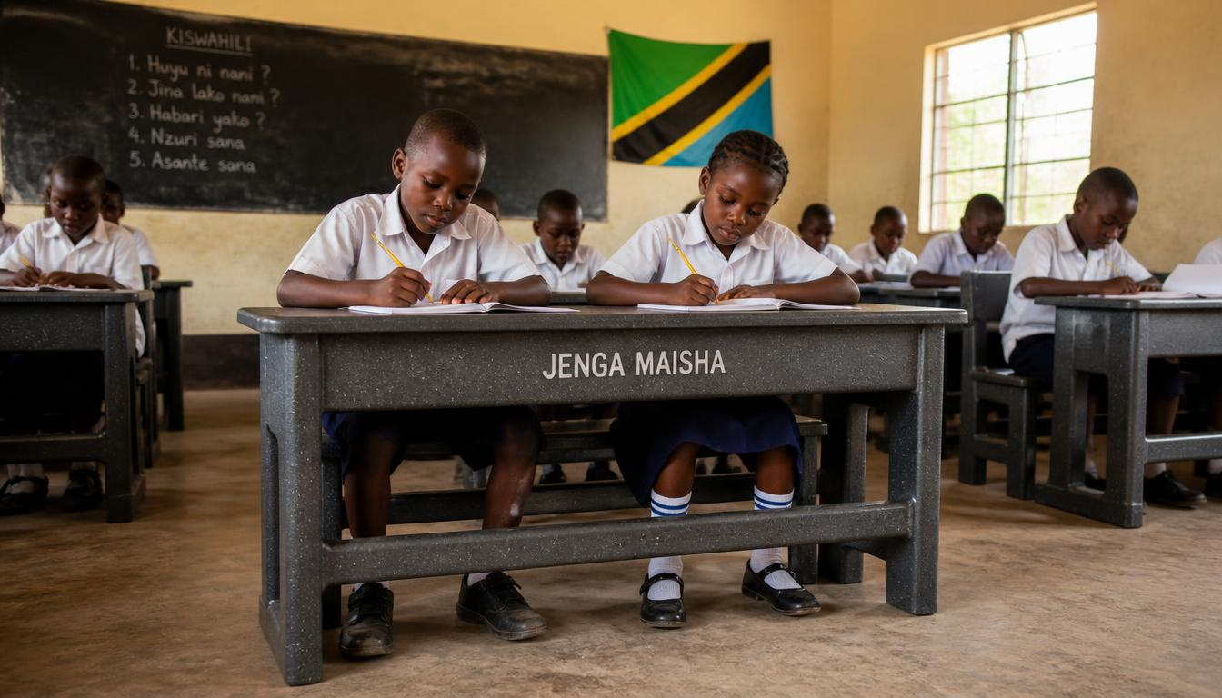 Tanzanian schoolchildren at their desks in a bright classroom